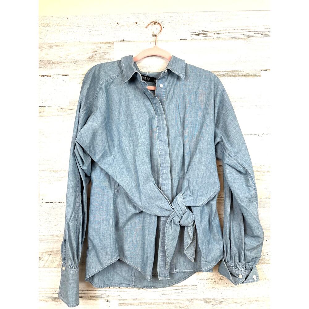 Lauren Ralph Lauren Black Label Womens L Blue Tie Front Blouse Luxe Lightweight